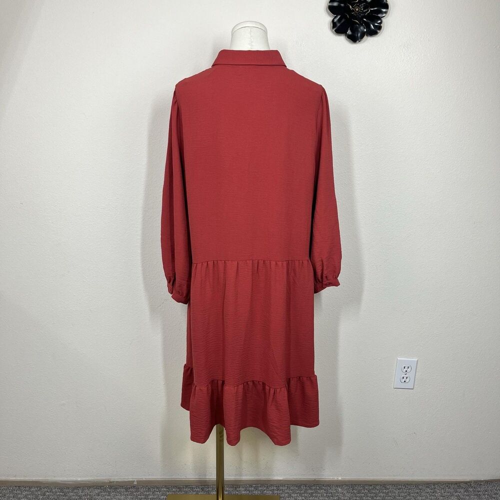Tahari Arthur S Levine Shirt Dress Womens 14 Red Tiered Ruffle Hem - Picture 2 of 7